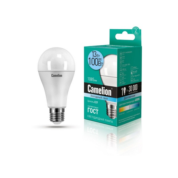 ლედ ნათურა Camelion LED Energy Saving LED Bulbs 13W/Coolight /E27 LED13-A60/845/E27ცივი ნათება — ნათურა და ვაზნა